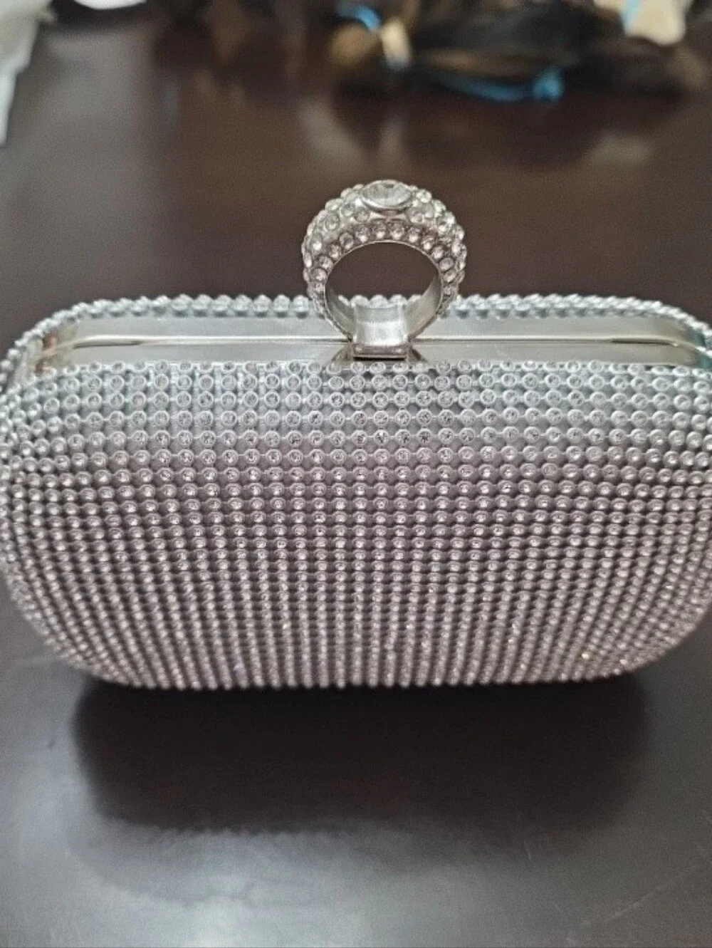 Silver Crystal Evening Clutch Bag with Ring Handle